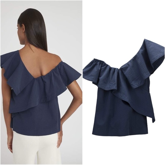 Cuyana Seersucker Flounce Top 100% Cotton Ruffle Asymmetrical Textured Blue Sz L - Picture 2 of 12